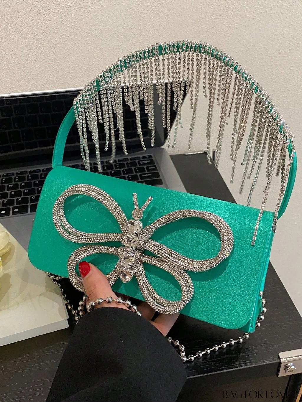 BagForLove - Chic Satin Butterfly Flap Bag with Rhinestone Embellishments and Chain Strap