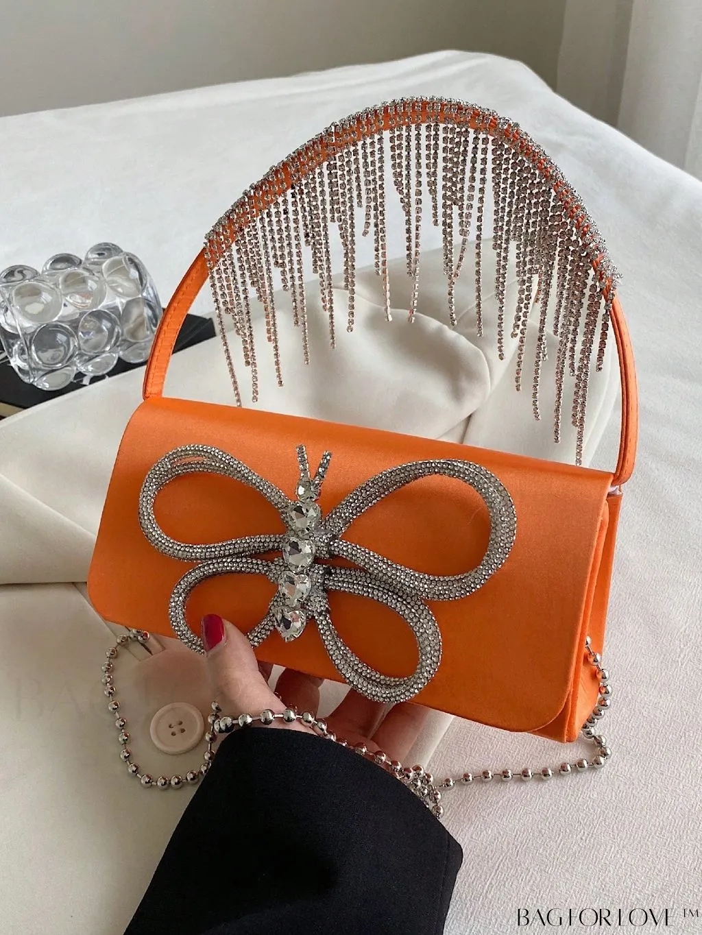 BagForLove - Chic Satin Butterfly Flap Bag with Rhinestone Embellishments and Chain Strap
