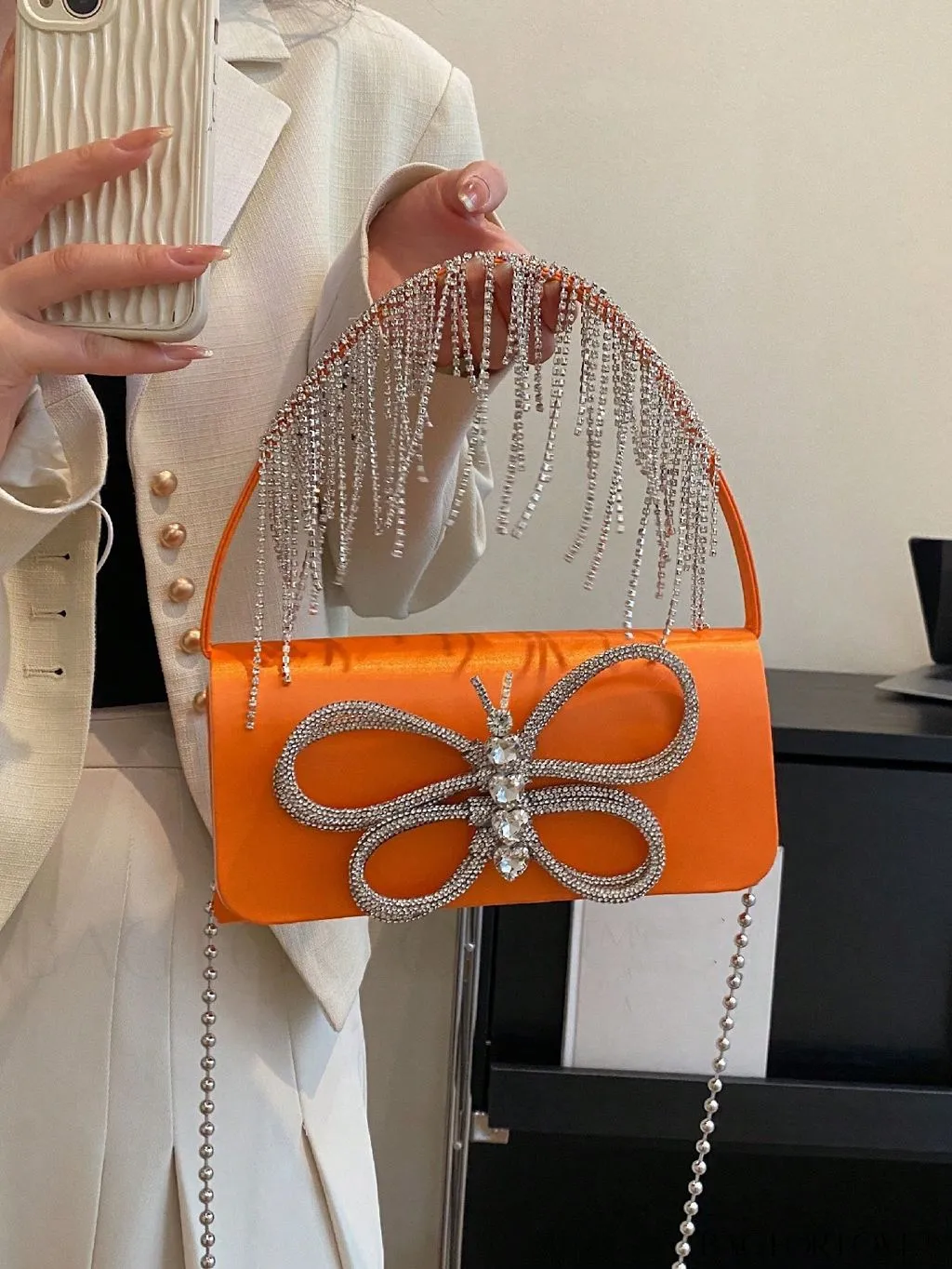 BagForLove - Chic Satin Butterfly Flap Bag with Rhinestone Embellishments and Chain Strap