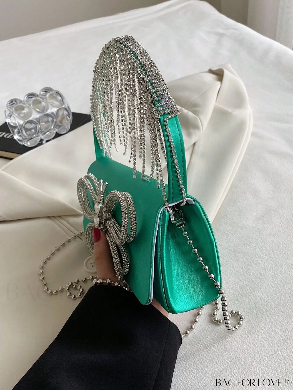 BagForLove - Chic Satin Butterfly Flap Bag with Rhinestone Embellishments and Chain Strap