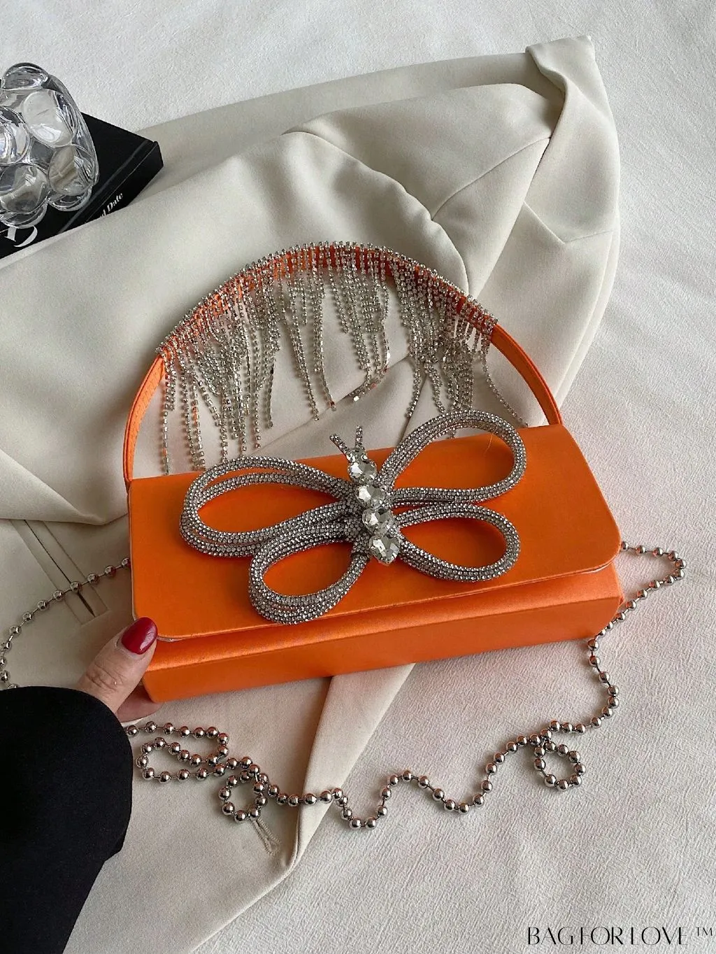 BagForLove - Chic Satin Butterfly Flap Bag with Rhinestone Embellishments and Chain Strap