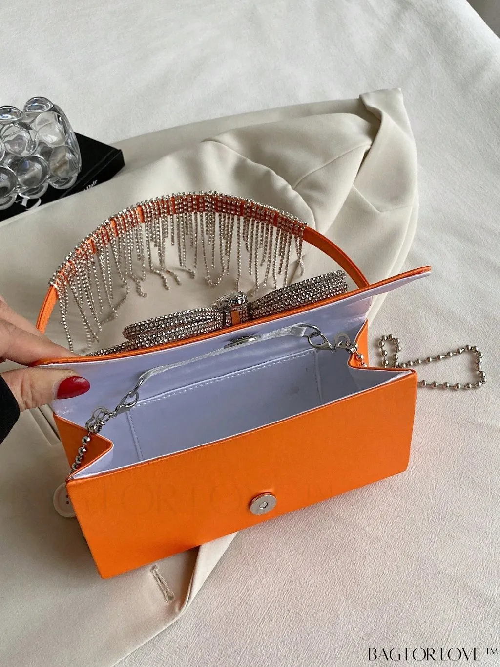 BagForLove - Chic Satin Butterfly Flap Bag with Rhinestone Embellishments and Chain Strap
