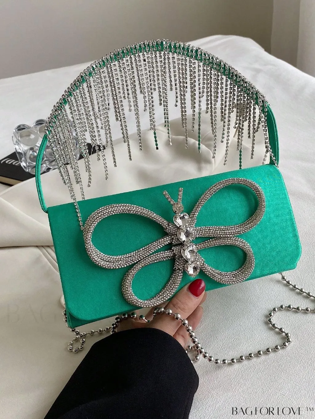 BagForLove - Chic Satin Butterfly Flap Bag with Rhinestone Embellishments and Chain Strap