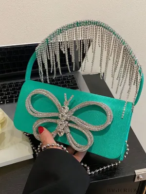 BagForLove - Chic Satin Butterfly Flap Bag with Rhinestone Embellishments and Chain Strap
