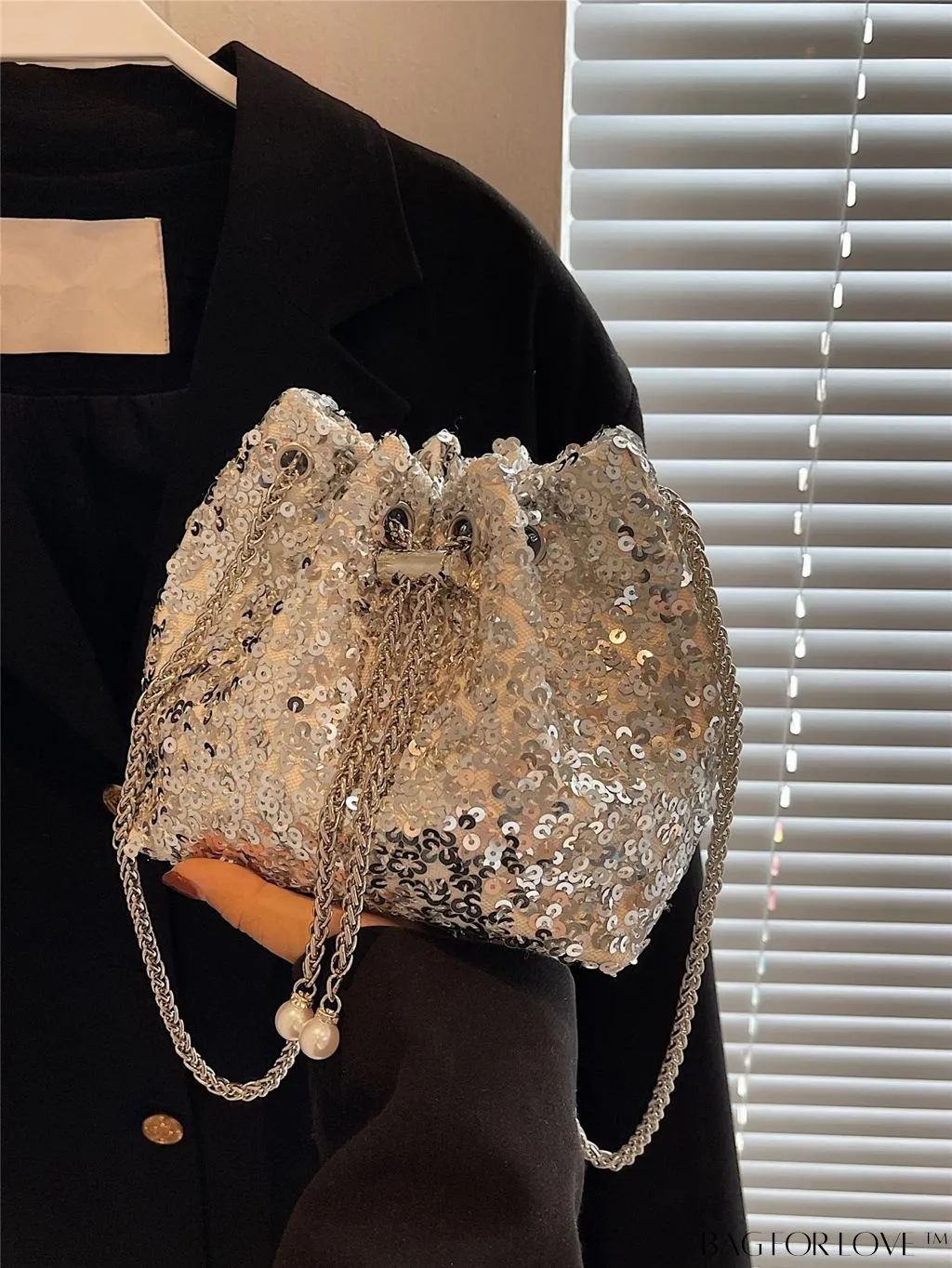 BagForLove - Chic Sequin and Faux Pearl Mini Bucket Bag for Glamorous Style