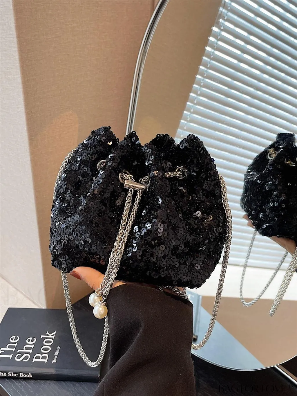 BagForLove - Chic Sequin and Faux Pearl Mini Bucket Bag for Glamorous Style