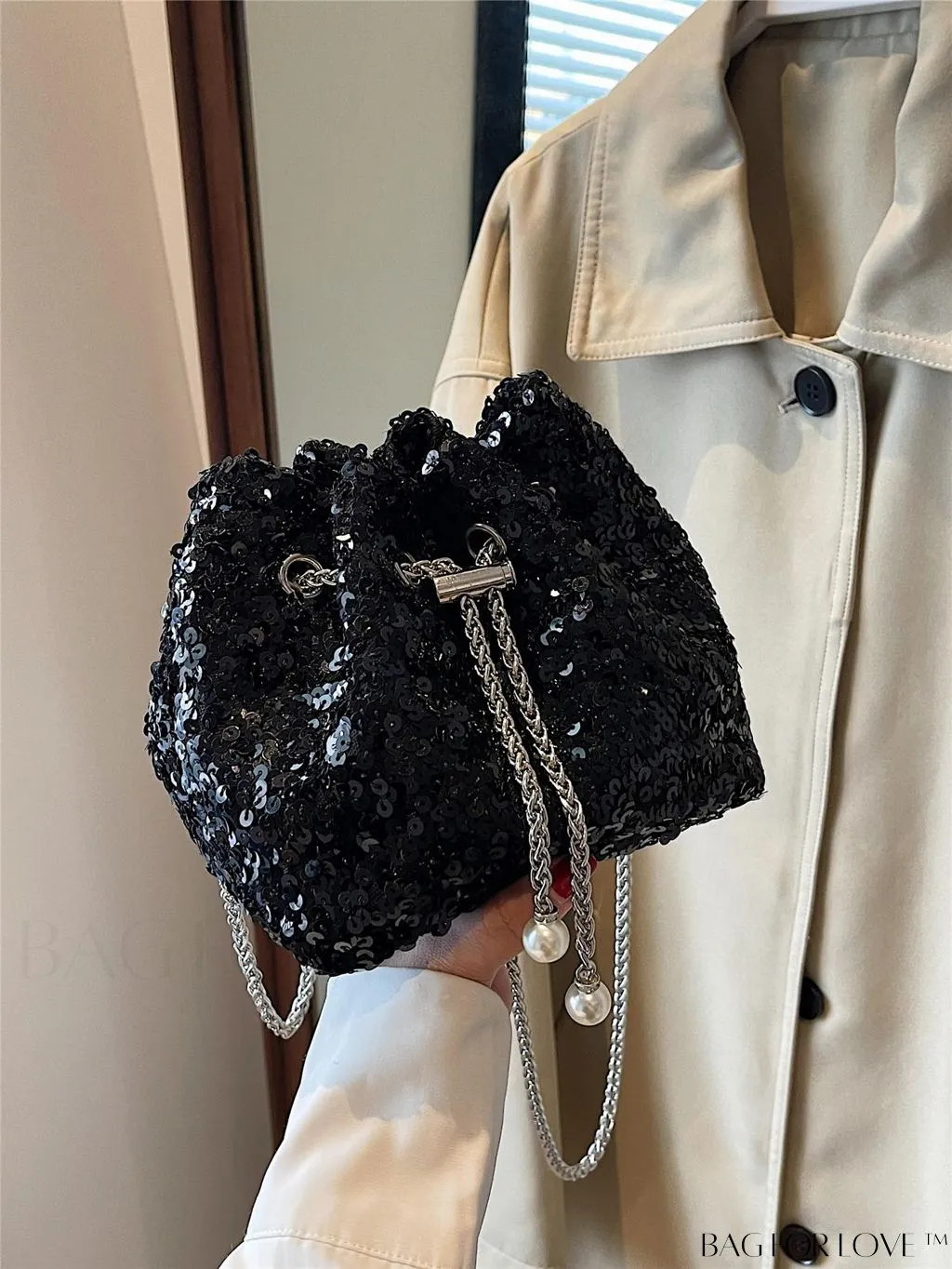 BagForLove - Chic Sequin and Faux Pearl Mini Bucket Bag for Glamorous Style