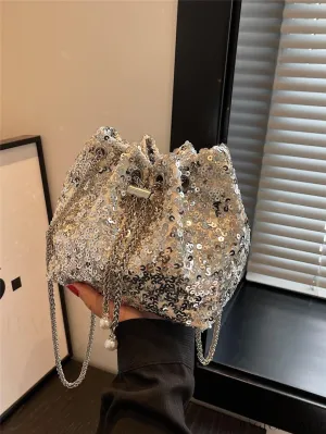 BagForLove - Chic Sequin and Faux Pearl Mini Bucket Bag for Glamorous Style