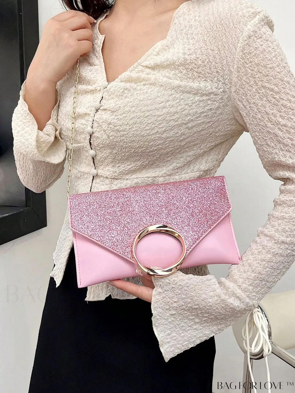 BagForLove - Compact Flap Envelope Bag with Sparkling Glitter and Chain Strap