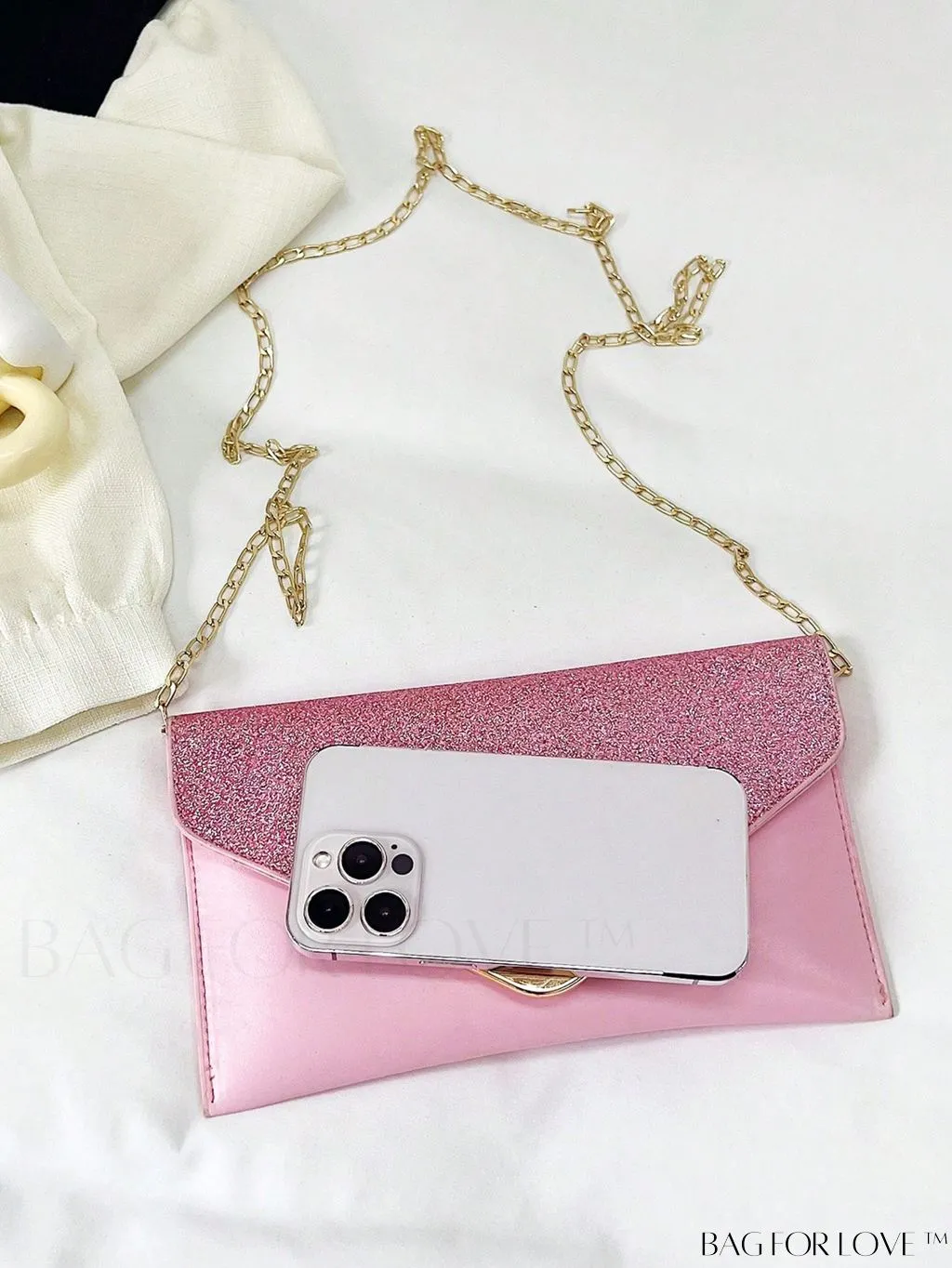 BagForLove - Compact Flap Envelope Bag with Sparkling Glitter and Chain Strap