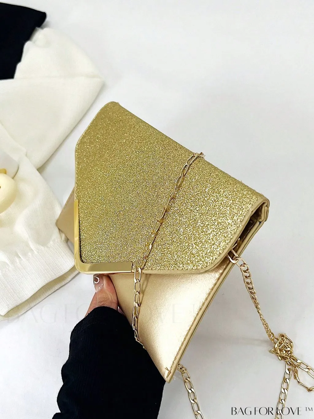 BagForLove - Compact Flap Envelope Bag with Sparkling Glitter and Chain Strap