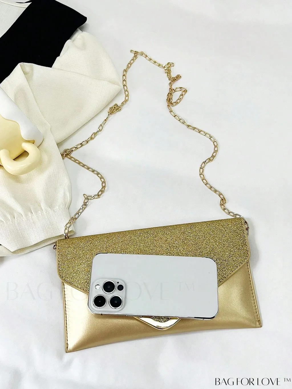BagForLove - Compact Flap Envelope Bag with Sparkling Glitter and Chain Strap
