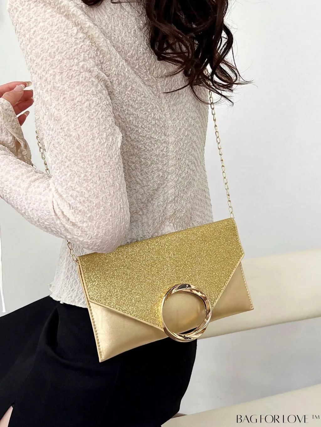 BagForLove - Compact Flap Envelope Bag with Sparkling Glitter and Chain Strap