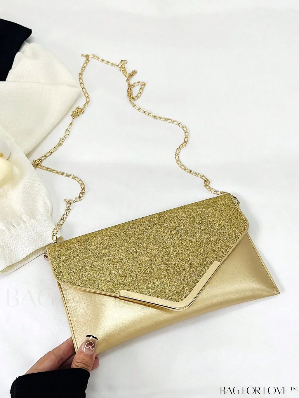 BagForLove - Compact Flap Envelope Bag with Sparkling Glitter and Chain Strap