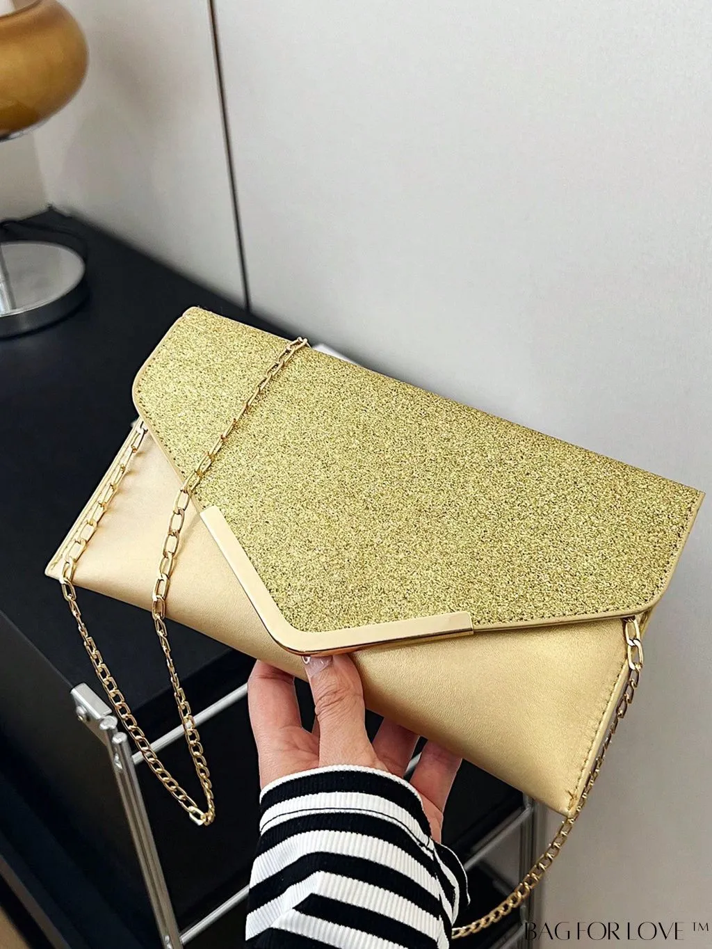 BagForLove - Compact Flap Envelope Bag with Sparkling Glitter and Chain Strap