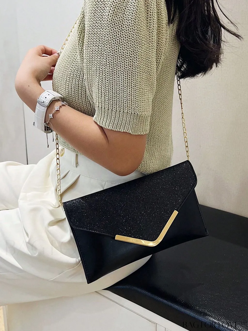 BagForLove - Compact Flap Envelope Bag with Sparkling Glitter and Chain Strap