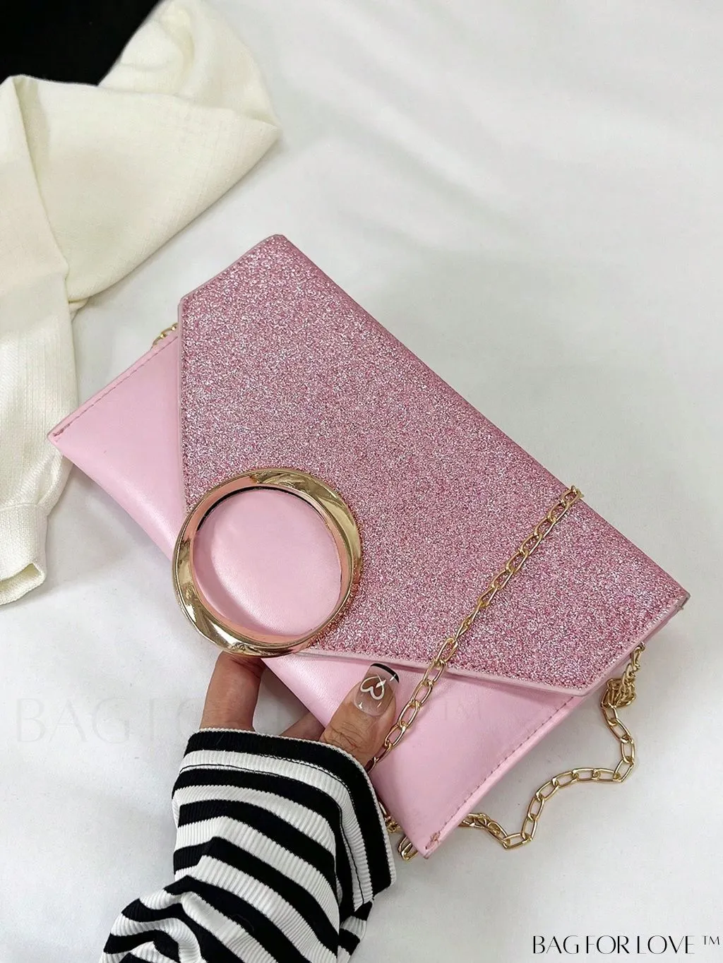 BagForLove - Compact Flap Envelope Bag with Sparkling Glitter and Chain Strap