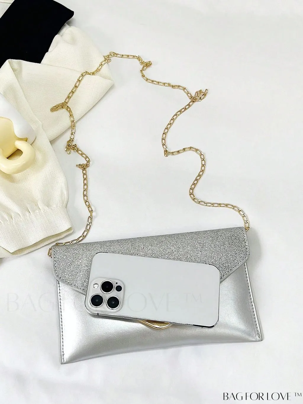 BagForLove - Compact Flap Envelope Bag with Sparkling Glitter and Chain Strap