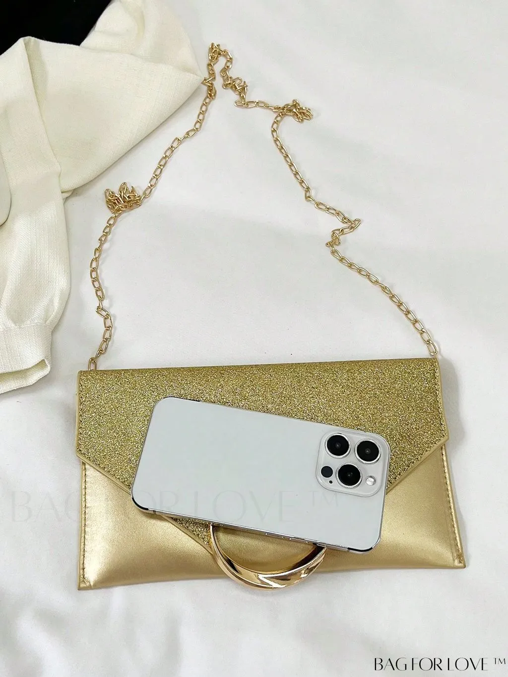 BagForLove - Compact Flap Envelope Bag with Sparkling Glitter and Chain Strap