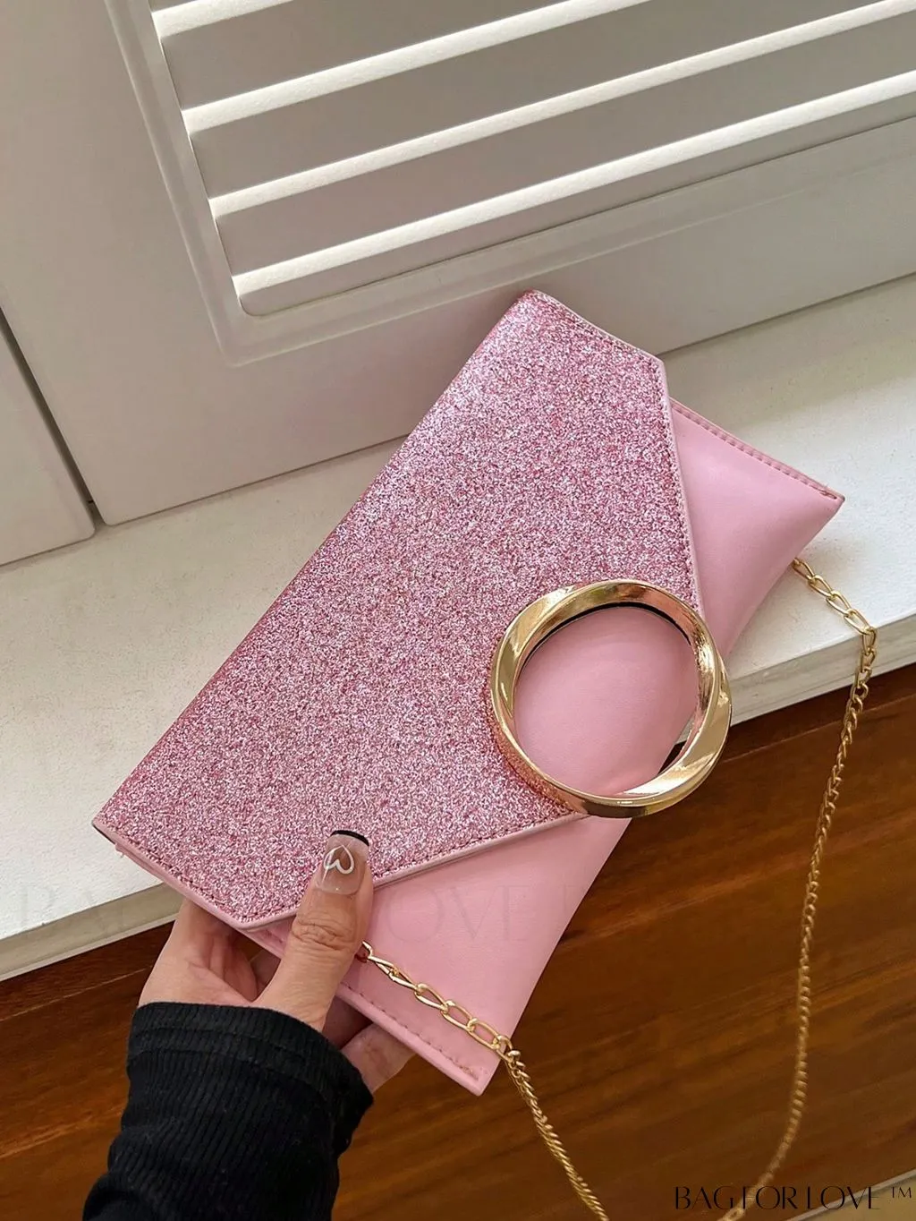 BagForLove - Compact Flap Envelope Bag with Sparkling Glitter and Chain Strap