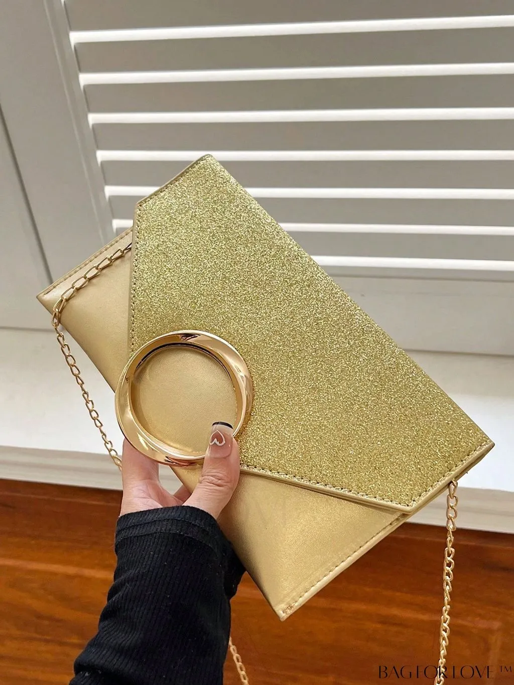 BagForLove - Compact Flap Envelope Bag with Sparkling Glitter and Chain Strap
