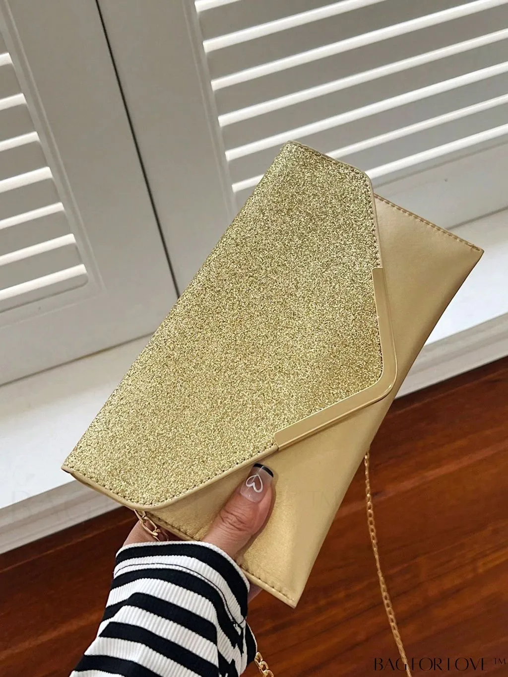 BagForLove - Compact Flap Envelope Bag with Sparkling Glitter and Chain Strap