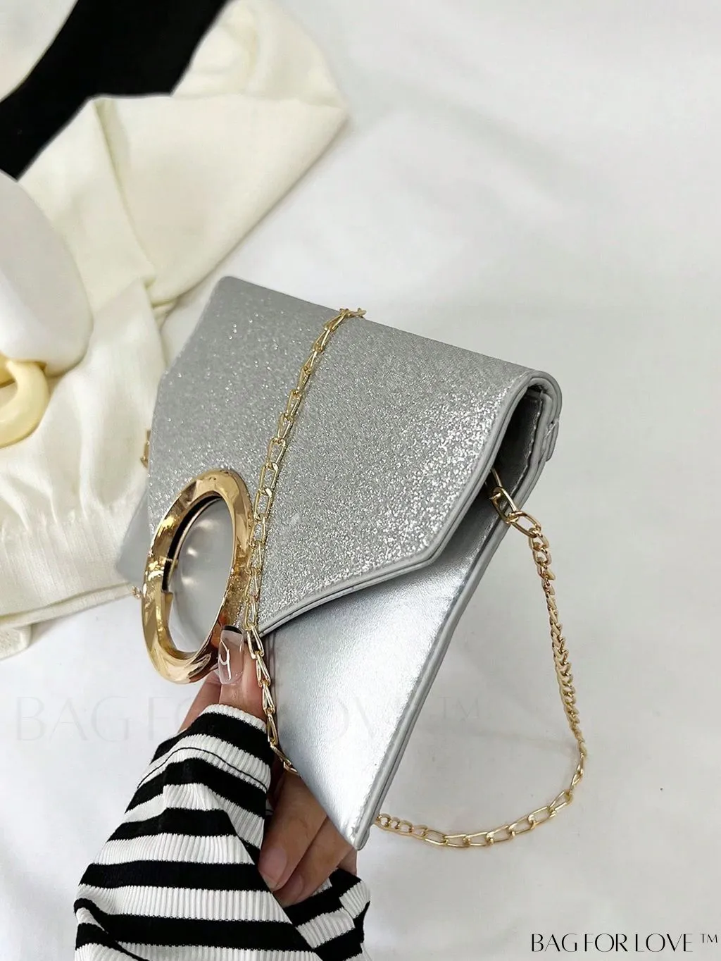 BagForLove - Compact Flap Envelope Bag with Sparkling Glitter and Chain Strap