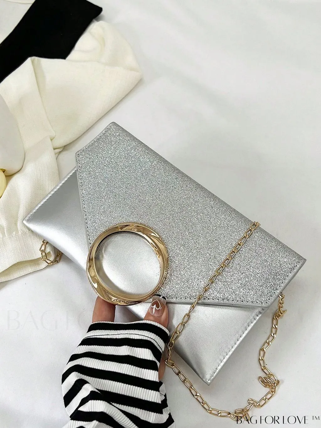 BagForLove - Compact Flap Envelope Bag with Sparkling Glitter and Chain Strap