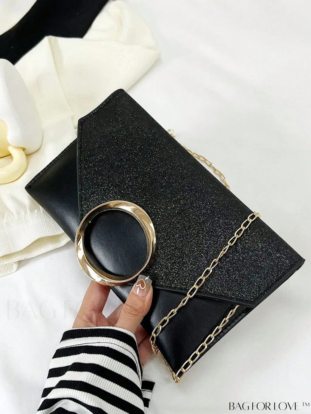 BagForLove - Compact Flap Envelope Bag with Sparkling Glitter and Chain Strap