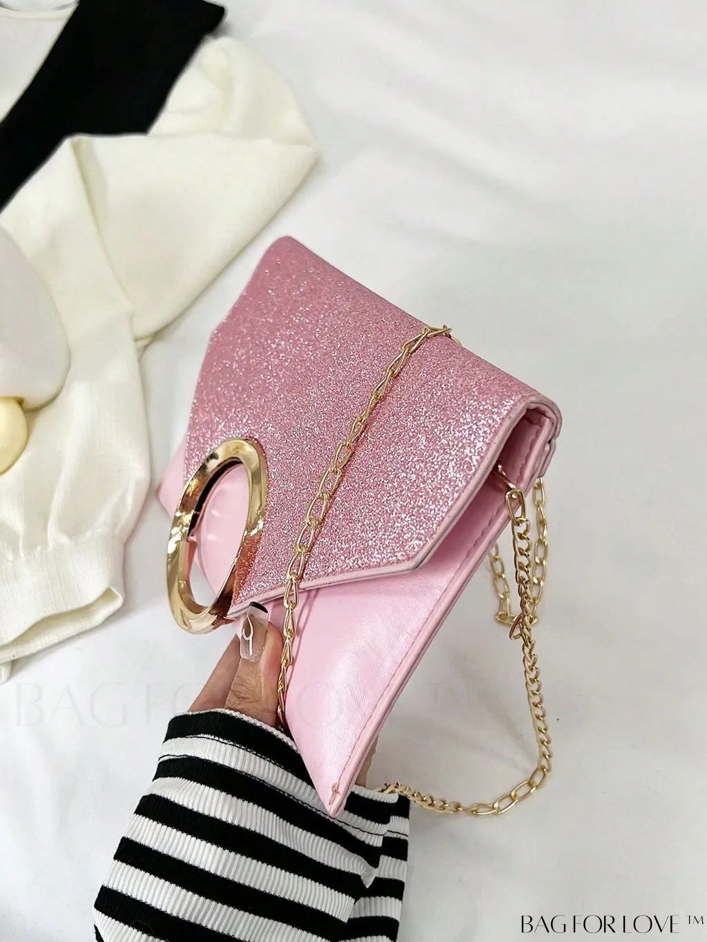 BagForLove - Compact Flap Envelope Bag with Sparkling Glitter and Chain Strap