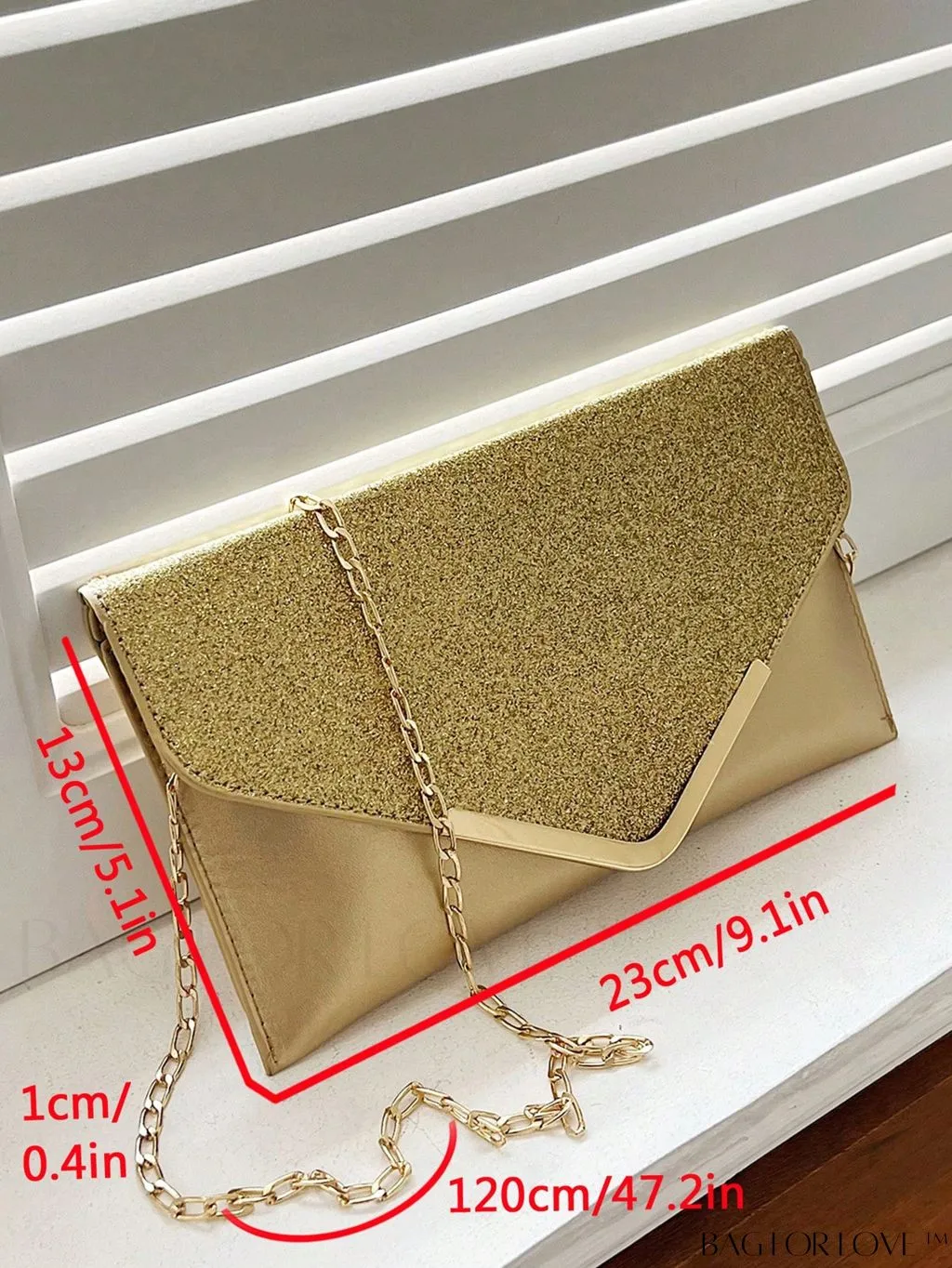BagForLove - Compact Flap Envelope Bag with Sparkling Glitter and Chain Strap