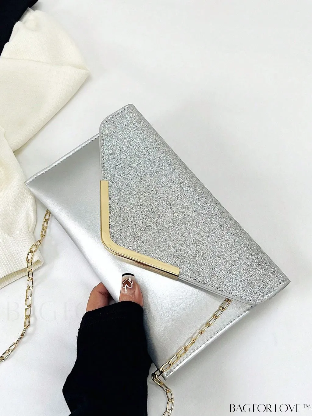 BagForLove - Compact Flap Envelope Bag with Sparkling Glitter and Chain Strap