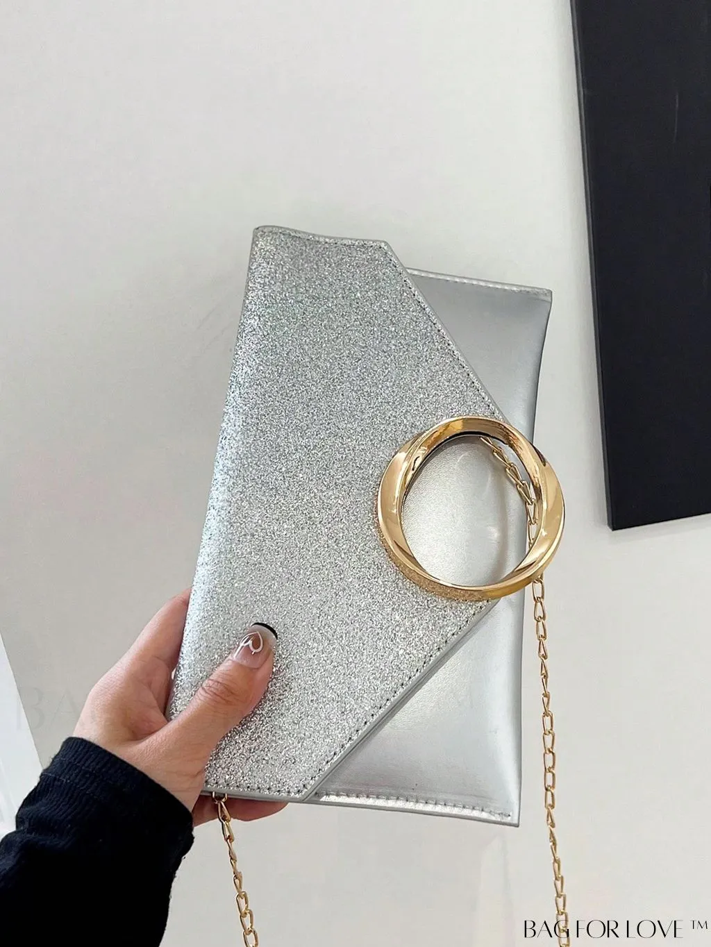BagForLove - Compact Flap Envelope Bag with Sparkling Glitter and Chain Strap