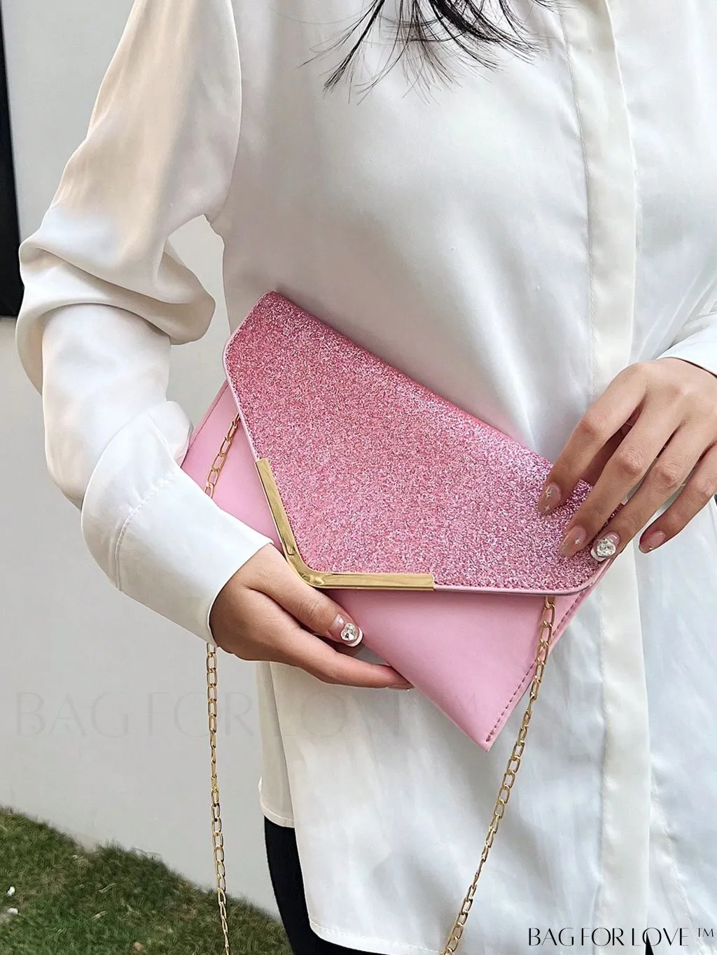 BagForLove - Compact Flap Envelope Bag with Sparkling Glitter and Chain Strap