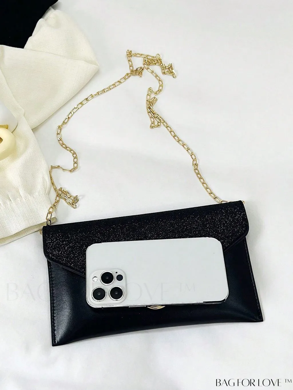 BagForLove - Compact Flap Envelope Bag with Sparkling Glitter and Chain Strap