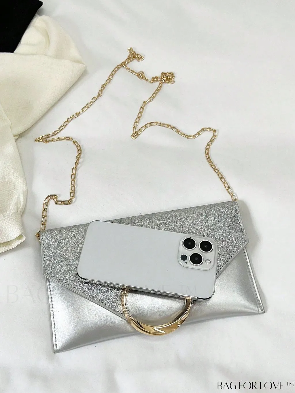 BagForLove - Compact Flap Envelope Bag with Sparkling Glitter and Chain Strap
