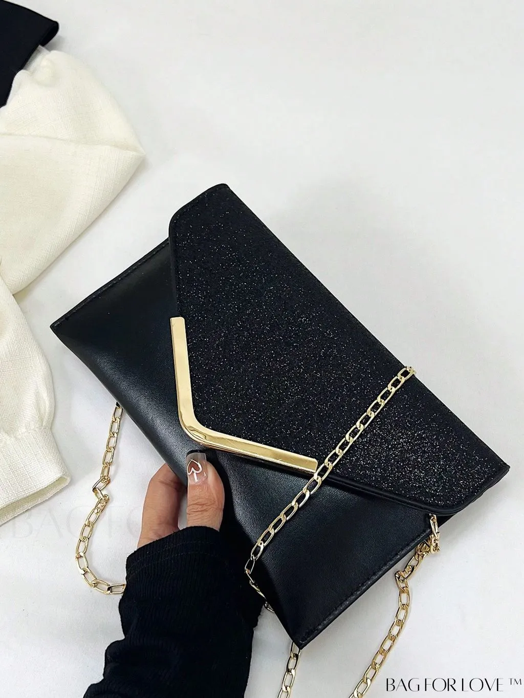BagForLove - Compact Flap Envelope Bag with Sparkling Glitter and Chain Strap
