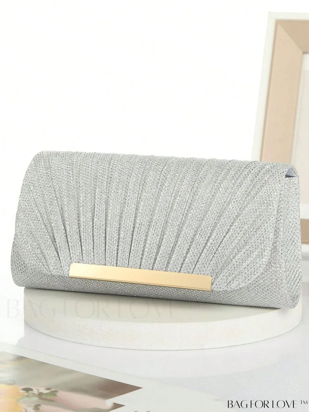 BagForLove - Compact Glitter Evening Bag with Ruched Detail and Metal Decor