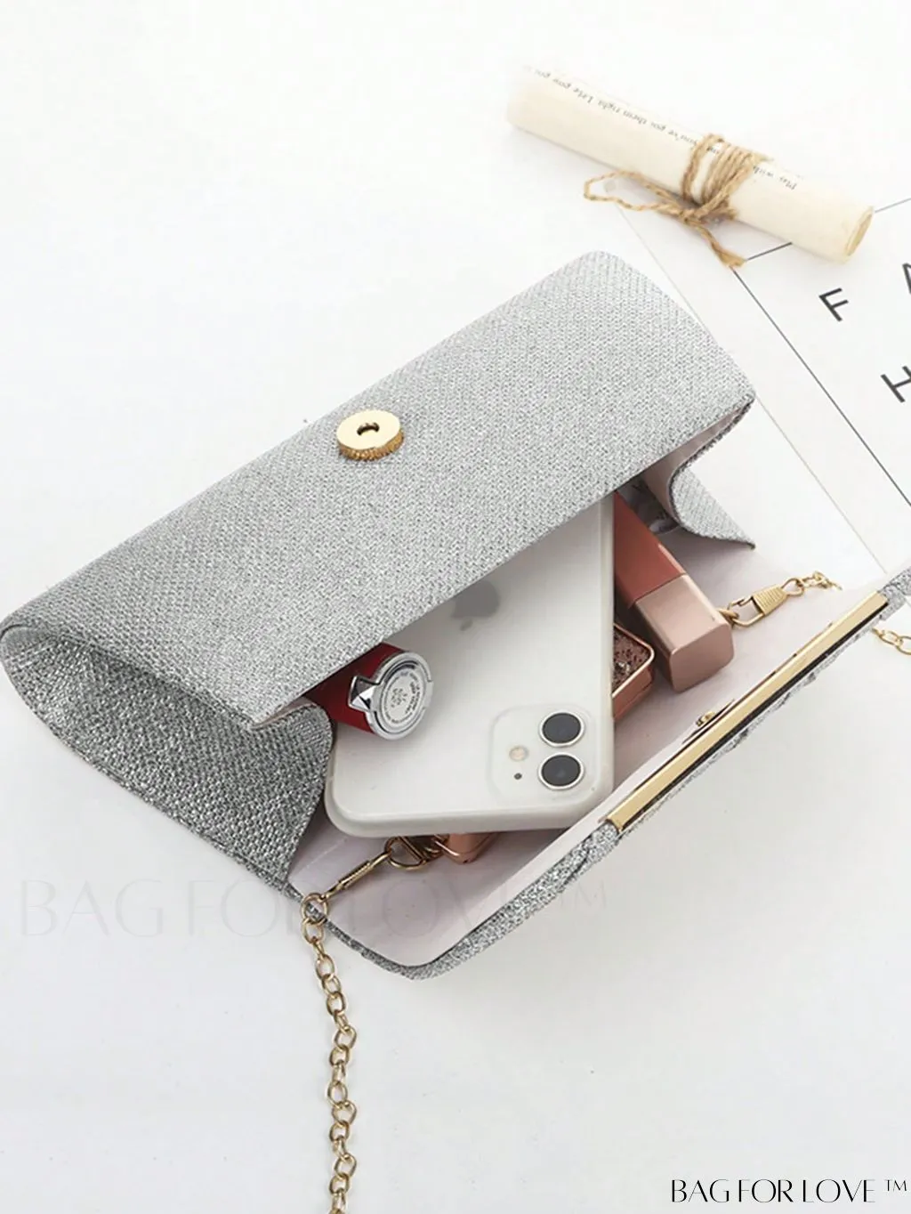 BagForLove - Compact Glitter Evening Bag with Ruched Detail and Metal Decor