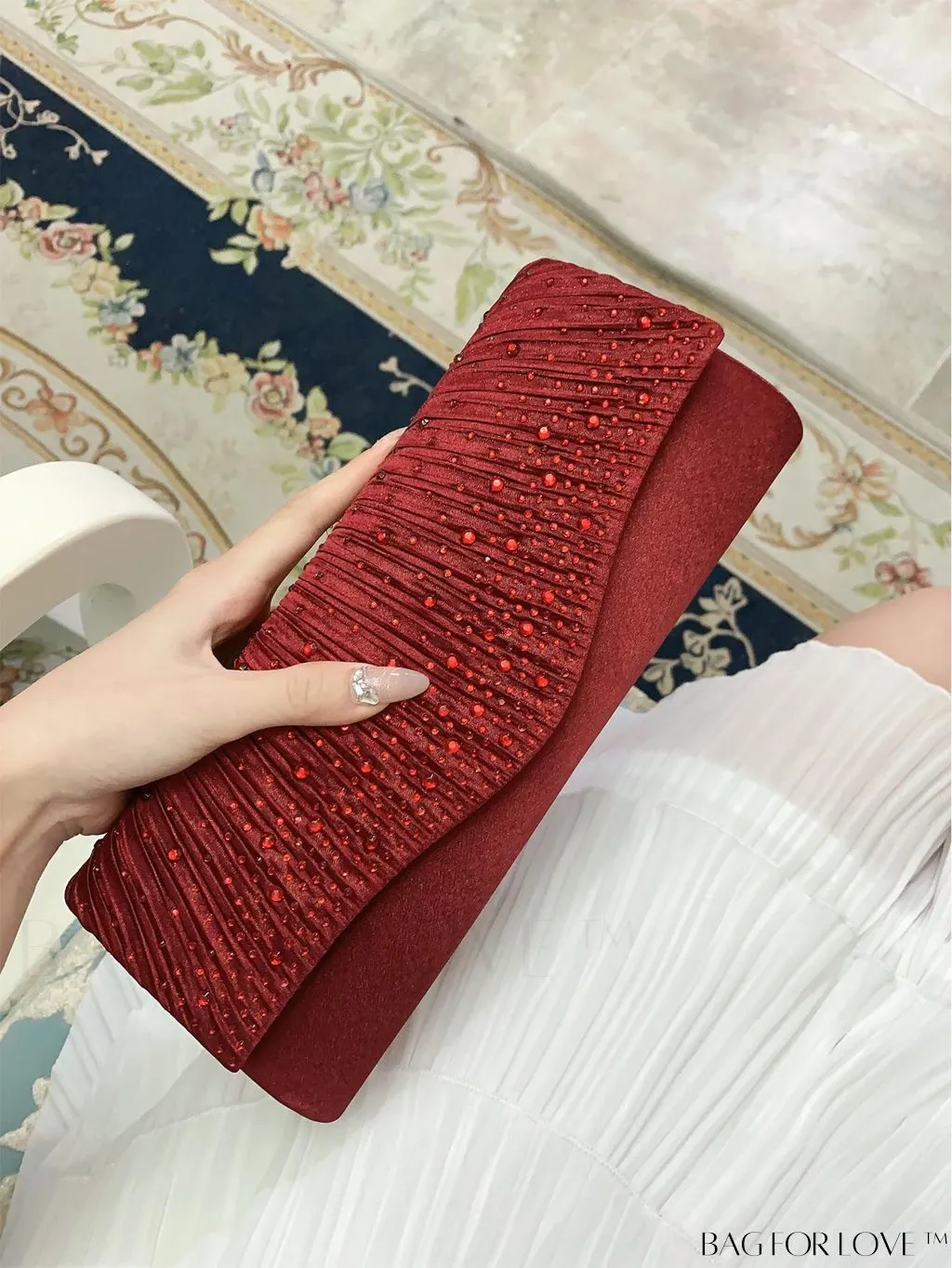 BagForLove - Elegant Envelope Bag with Rhinestone Embellishments and Pleated Detail