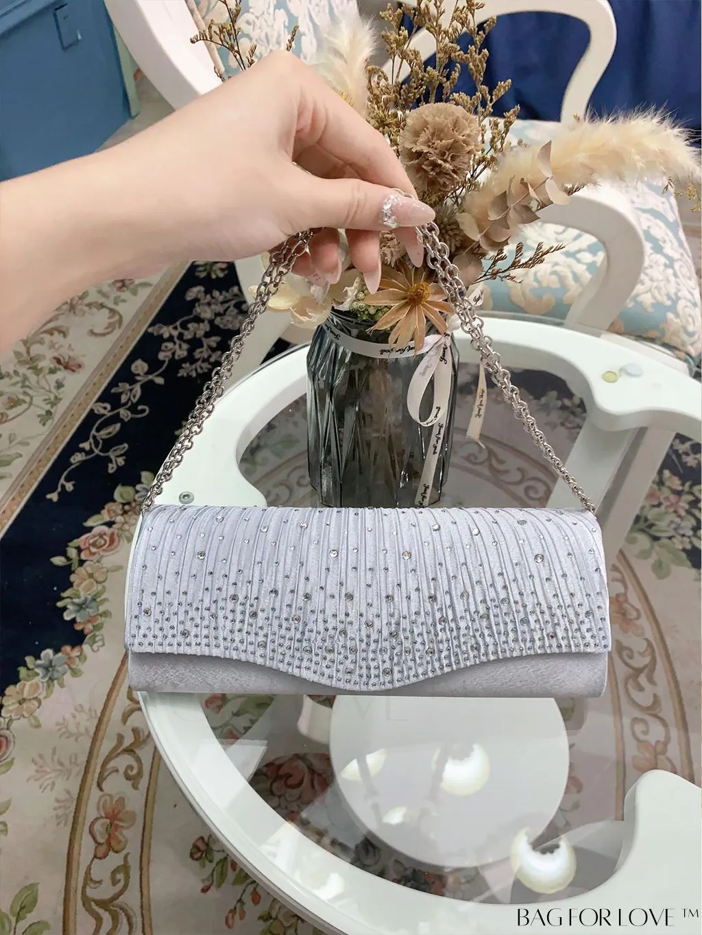 BagForLove - Elegant Envelope Bag with Rhinestone Embellishments and Pleated Detail