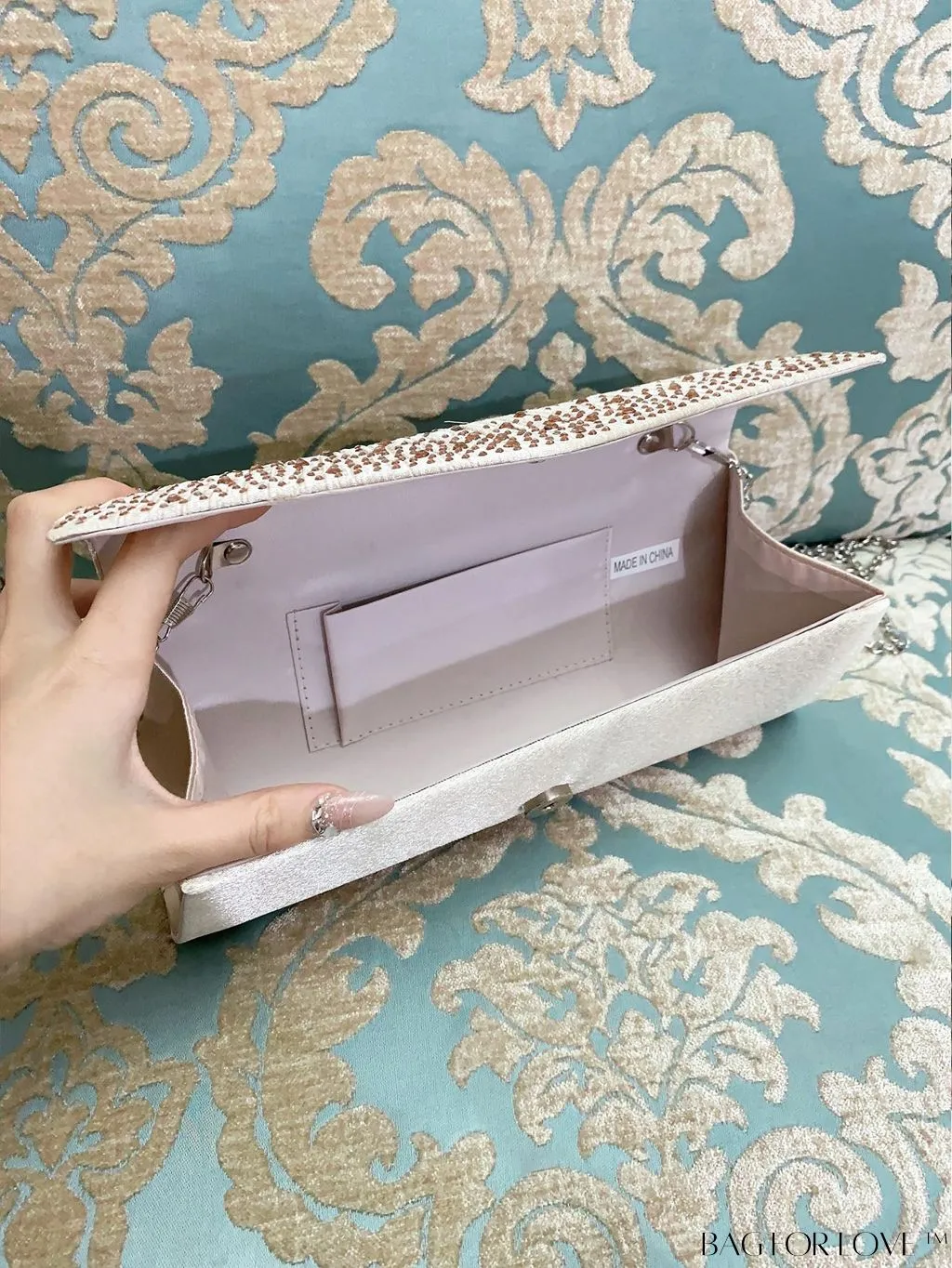 BagForLove - Elegant Envelope Bag with Rhinestone Embellishments and Pleated Detail