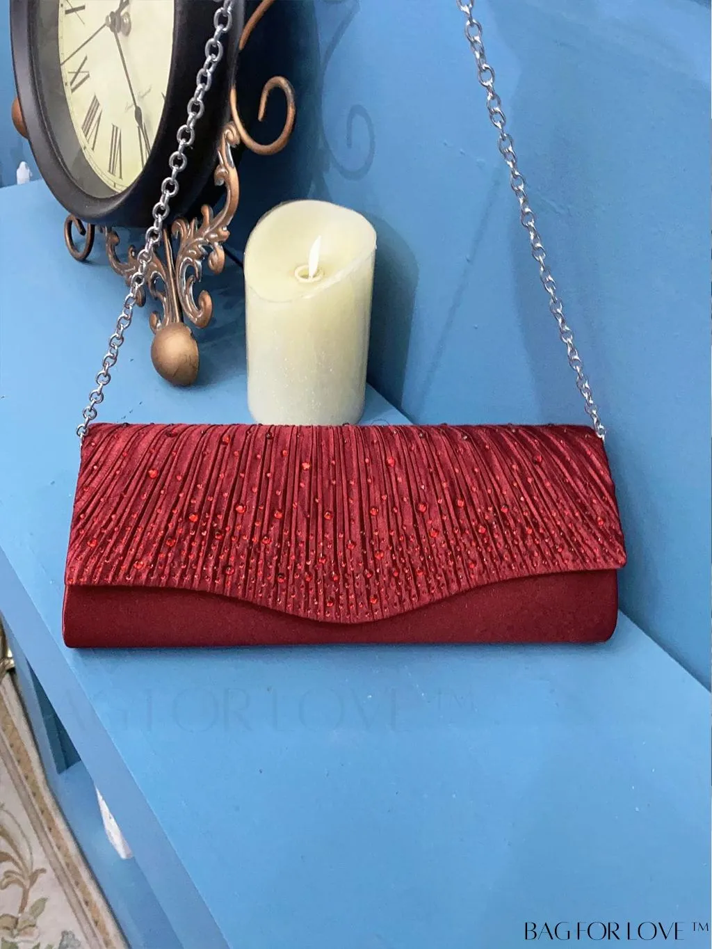 BagForLove - Elegant Envelope Bag with Rhinestone Embellishments and Pleated Detail