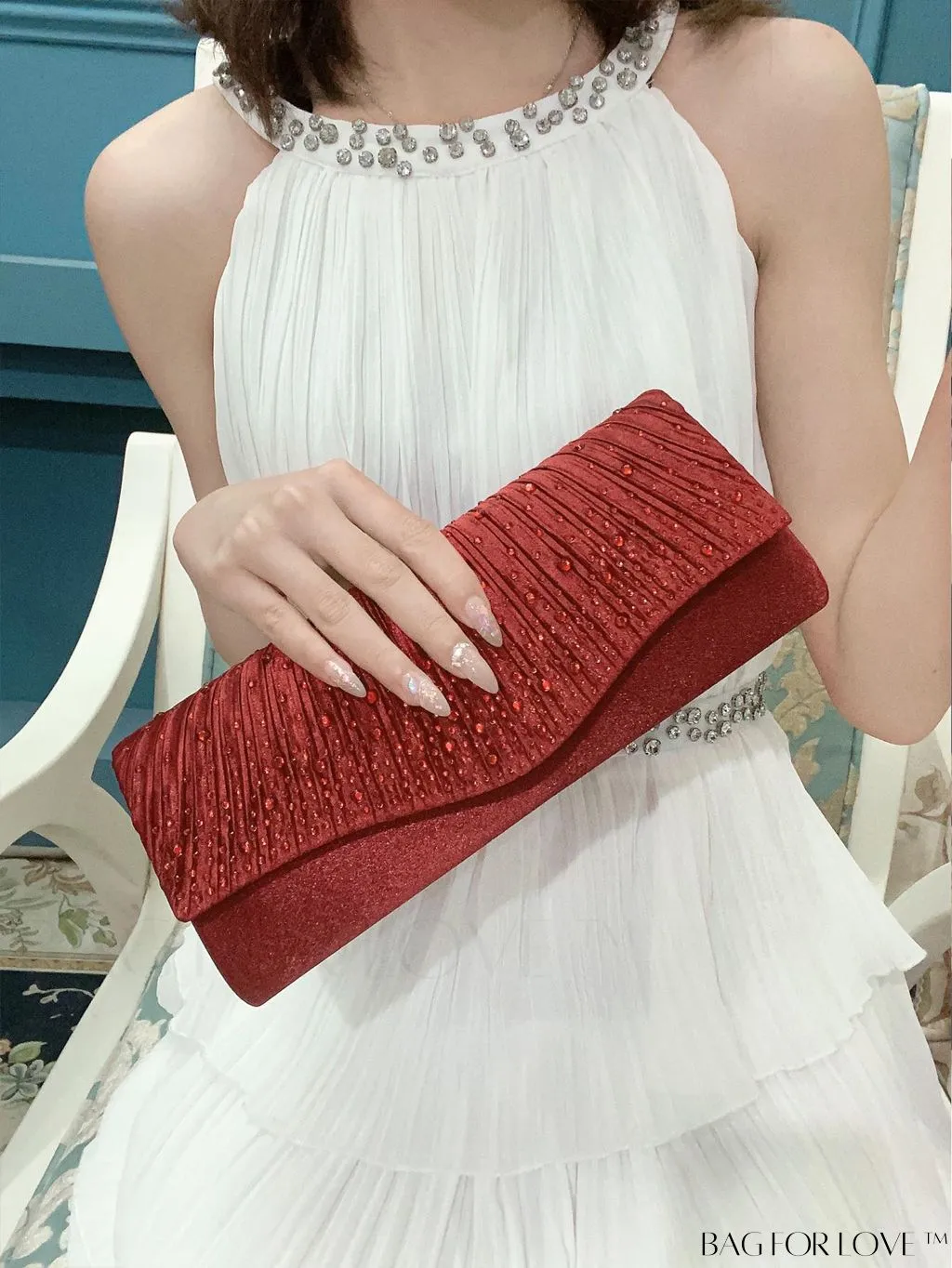 BagForLove - Elegant Envelope Bag with Rhinestone Embellishments and Pleated Detail