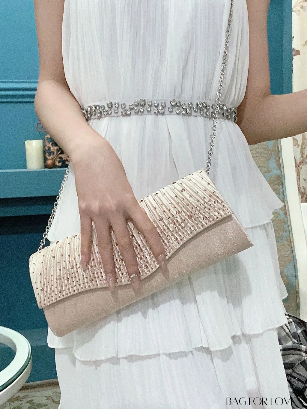 BagForLove - Elegant Envelope Bag with Rhinestone Embellishments and Pleated Detail