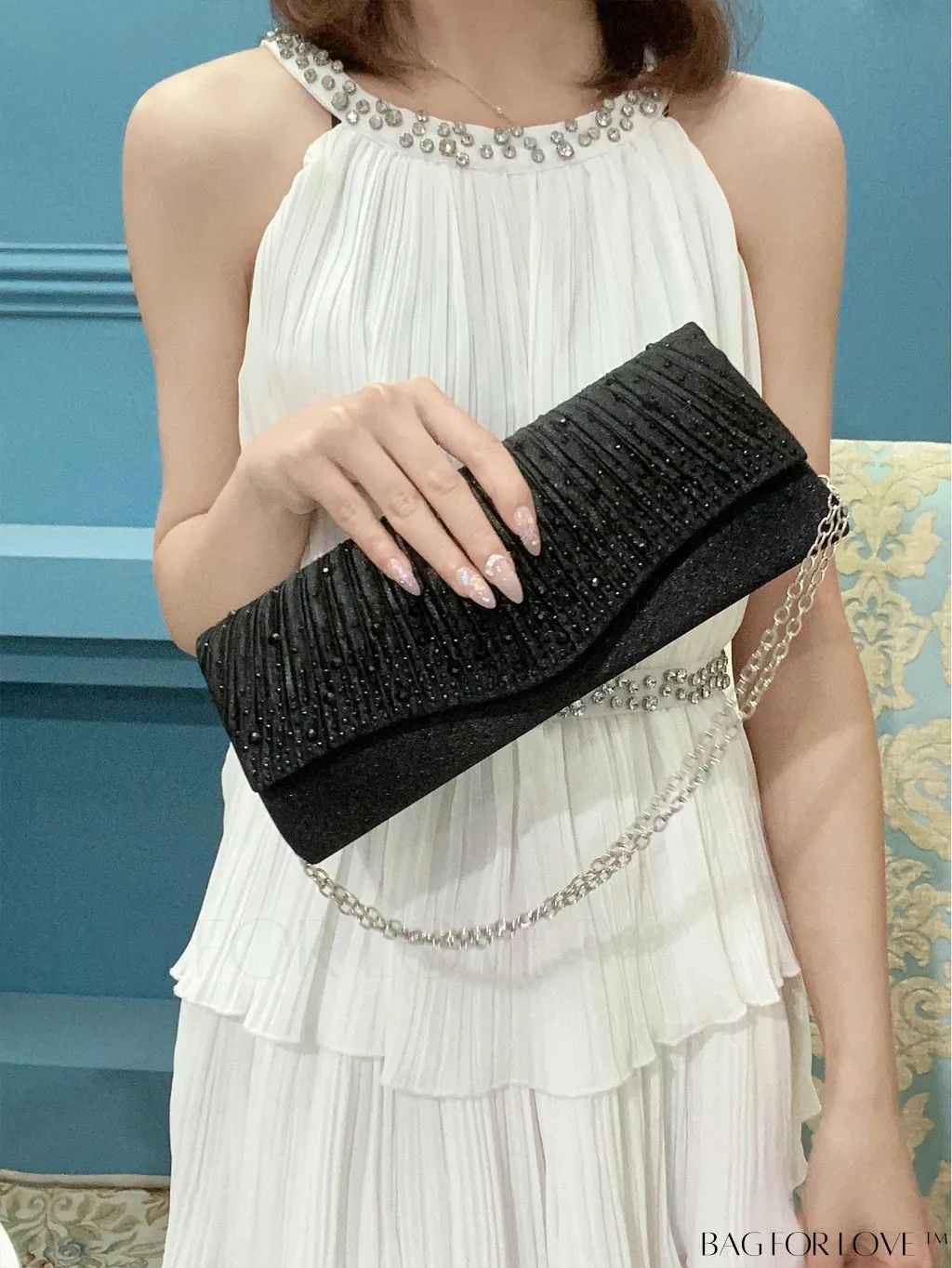 BagForLove - Elegant Envelope Bag with Rhinestone Embellishments and Pleated Detail