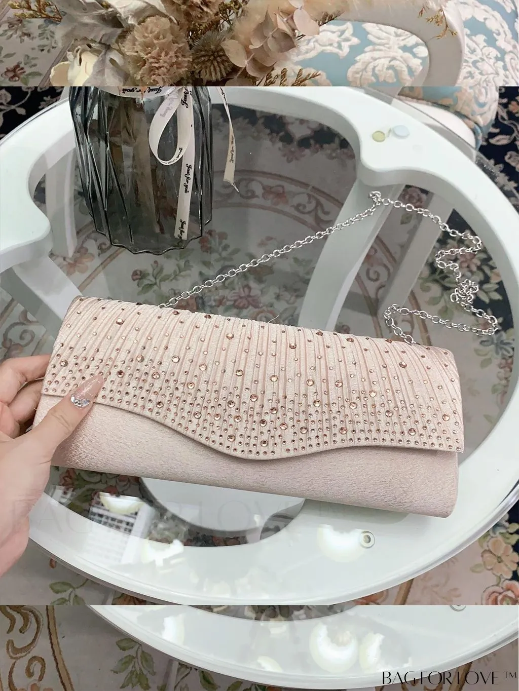 BagForLove - Elegant Envelope Bag with Rhinestone Embellishments and Pleated Detail