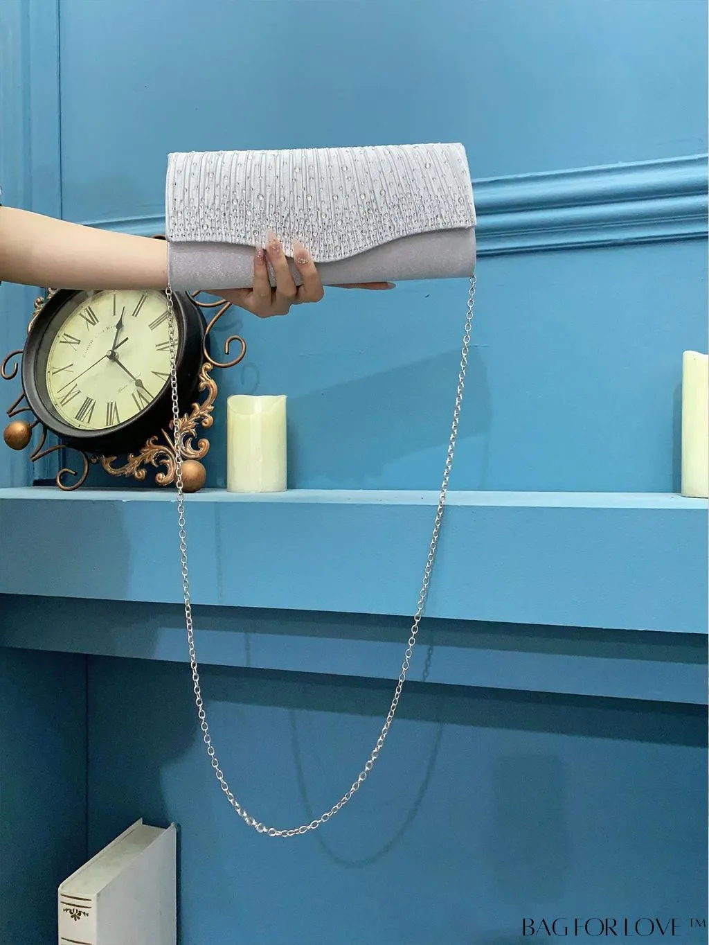 BagForLove - Elegant Envelope Bag with Rhinestone Embellishments and Pleated Detail