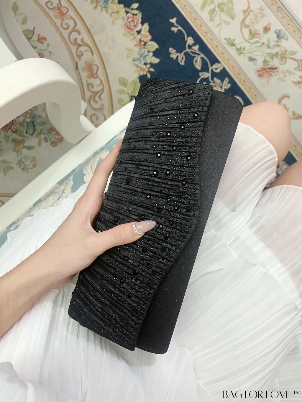 BagForLove - Elegant Envelope Bag with Rhinestone Embellishments and Pleated Detail