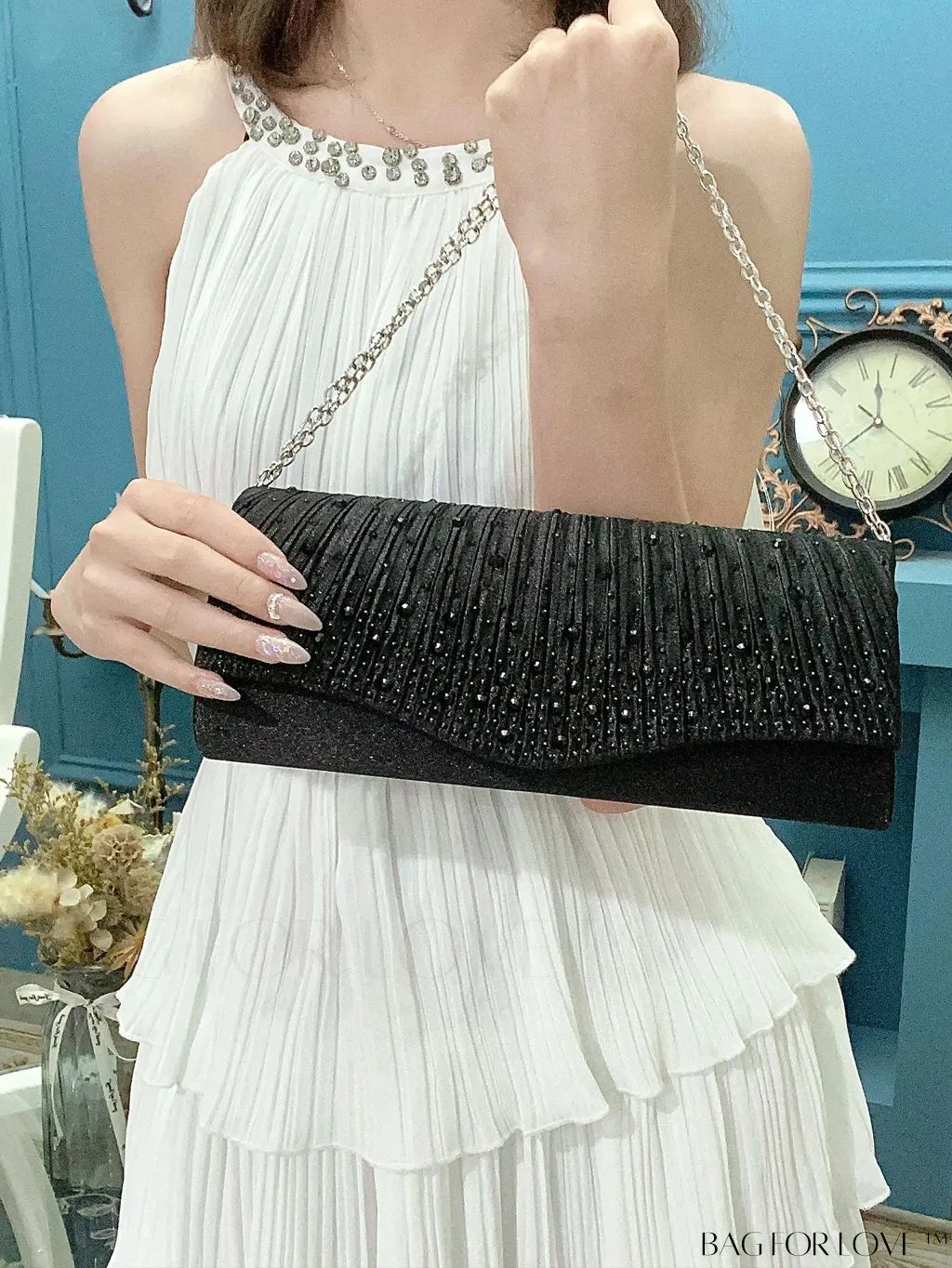 BagForLove - Elegant Envelope Bag with Rhinestone Embellishments and Pleated Detail